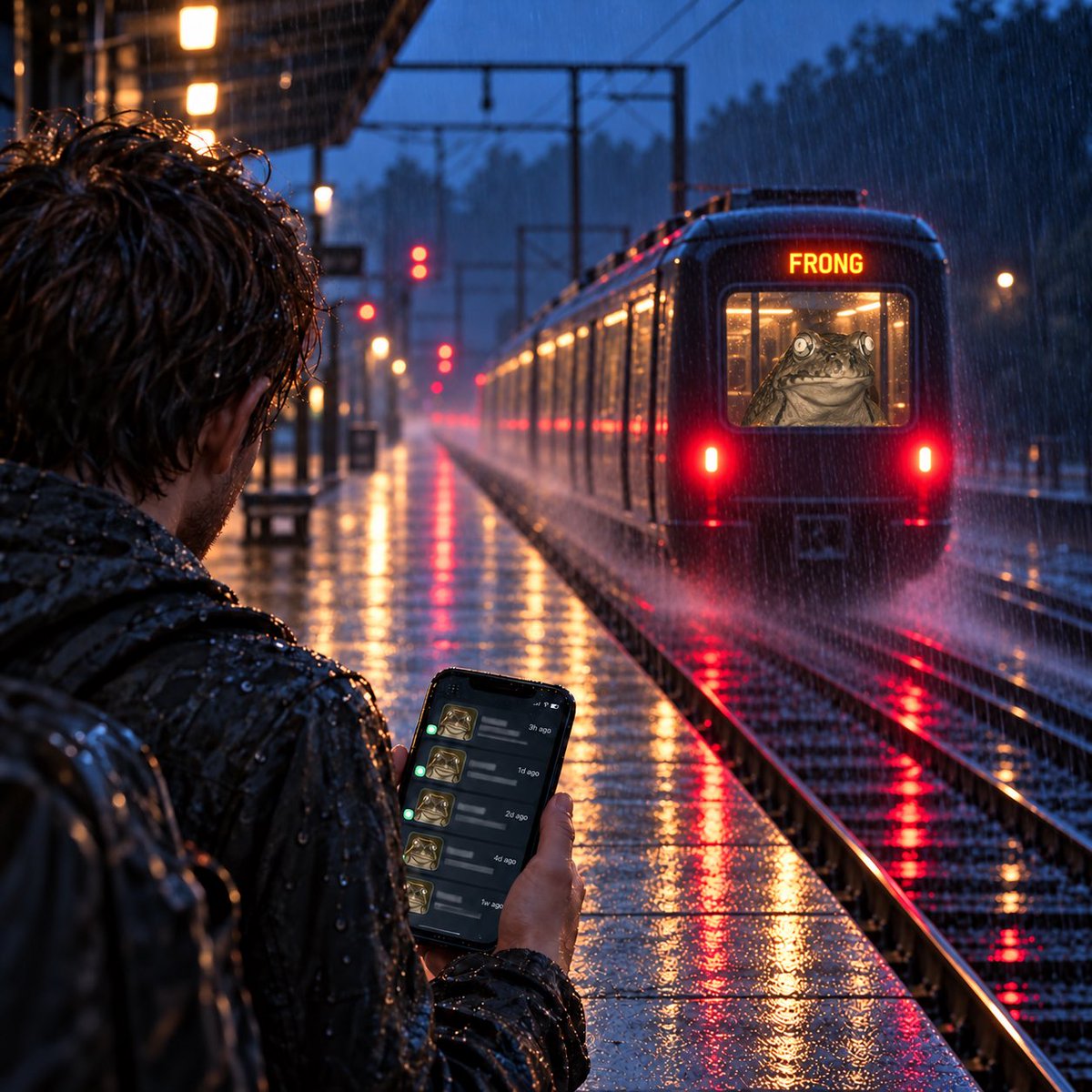RDEEMracoon's tweet photo. He saw $FRONG on his timeline again and again.

Every time: “I’ll look into it later.”

Then he looked up and the train had left the station. 🐸🚆 https://t.co/5ffqEfBcDT