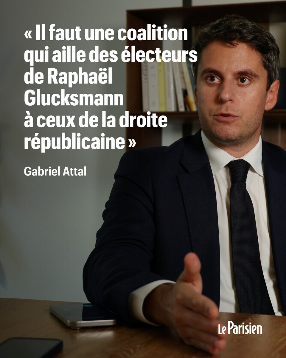 le_Parisien's tweet photo. Qui pour faire gagner le bloc central en 2027 ? Jugeant que ni Édouard Philippe ni lui ne sont en mesure d'y arriver à ce stade, le candidat de Renaissance Gabriel Attal appelle à un rassemblement plus large, quitte à en passer par une primaire
Interview ➡️ https://t.co/CT8j4TGsFy