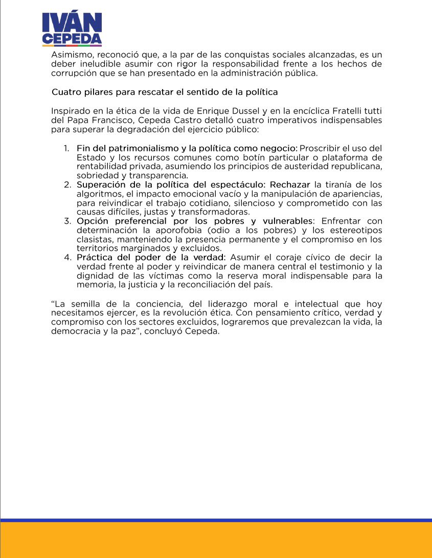 IvanCepedaCast's tweet photo. COMUNICADO

“No podemos transformar la sociedad si no nos transformamos a nosotros mismos”: 

Iván Cepeda propone una Revolución Ética frente a la crisis global y la degradación política

- En el marco de la Escuela Semilla —iniciativa para popularizar el conocimiento liderada por Gustavo Bolívar y Ángela María Robledo—, el Senador y excandidato presidencial llamó a conquistar la hegemonía moral e intelectual, rechazar la corrupción y combatir el avance del fascismo.

•Ante más de 20.000 asistentes, entre participantes presenciales y virtuales, Cepeda Castro presentó la conferencia “La Revolución Ética: ganar el liderazgo moral e intelectual”.