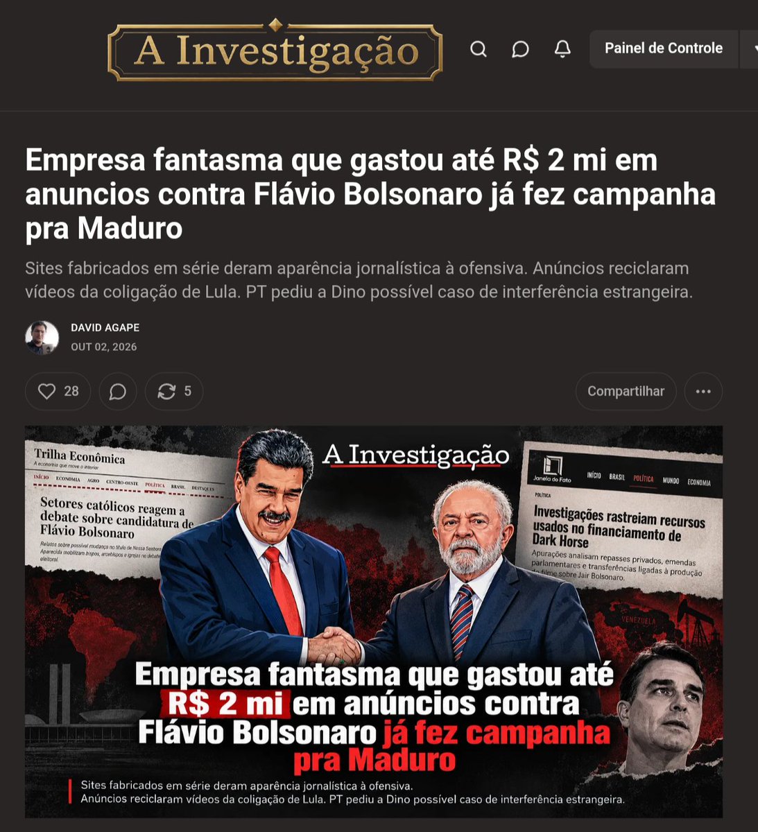 david_agape_'s tweet photo. Este anúncio é um dos 1.428 que identificamos na rede de propaganda eleitoral contra Flávio Bolsonaro (@FlavioBolsonaro). Publicado pela página Mosaico Vivo entre 10 e 18 de setembro, custou de US$ 7 mil a US$ 8 mil — cerca de R$ 36 mil a R$ 42 mil — e alcançou, segundo estimativa da Meta, 6,5 milhões de contas no Brasil. 

A página tinha oito seguidores no registro preservado por nossa equipe. A Meta removeu a peça por descumprimento das regras para publicidade política.

O homem no vídeo é Don Ernesto, cantor e apresentador da TVT, emissora mantida pelo Sindicato dos Metalúrgicos do ABC e pelo Sindicato dos Bancários e Financiários de São Paulo, Osasco e Região. 

Na gravação, ele ataca Flávio e o chama de “o pior dos Bolsonaros”. A presença de sua imagem não significa que ele ou a emissora tenham participado da compra do anúncio.

Nos campos de transparência da Meta, Corporativo Lam, LLC aparece como anunciante e pagadora declarada. É a mesma empresa cuja conta verificada no Google exibiu na Venezuela campanhas de órgãos do governo de Nicolás Maduro antes de promover sites brasileiros que atacavam Flávio.
 
O responsável pela iniciativa contra Flávio Bolsonaro ainda é um mistério.

https://t.co/BAPcGa6q2g