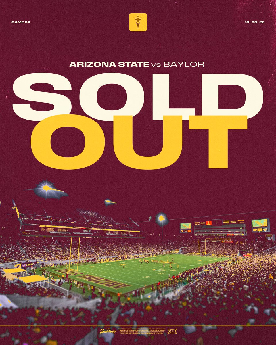 ASUFootball's tweet photo. 10 straight 🔥

Tonight’s game vs Baylor is officially SOLD OUT 

Fans still interested in being part of the action can get tickets to upcoming games at Ticketmaster, the Official Ticket Marketplace of Sun Devil Athletics!

🎟️ https://t.co/TaLwWwwIxP… https://t.co/t47Hnmgshc