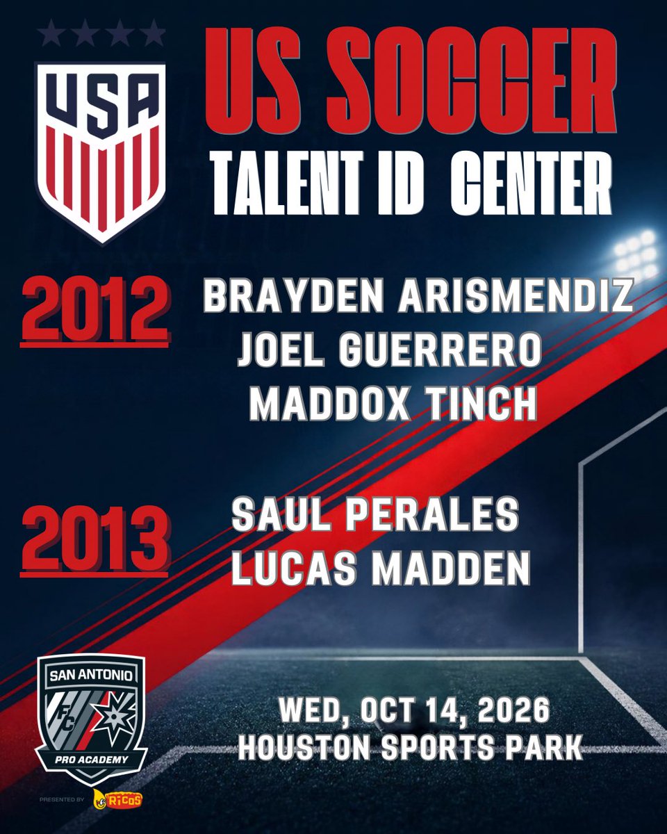 SAFCProAcademy's tweet photo. 🇺🇸U.S. Soccer Talent ID Center Invite🔴⚫️
Congrats to the following players on receiving invites to the U.S. Soccer Federation’s Talent ID Center in Houston, TX, Oct. 14, 2026.
2012s
Brayden Arismendiz
Joel Guerrero
Maddox Tinch
2013s
Saul Perales
Lucas Madden
#ourfuture https://t.co/Sjhmdp0vR7