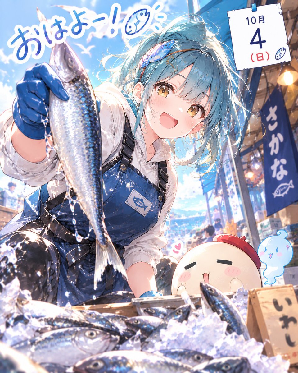 Ponunk_nunk's tweet photo. おはよん(´▽`)✨

10月4日は「い（1）わ（0）し（4）」の語呂合わせで「イワシの日」。スシロー行けば気軽に食べれますね！ｗ

それにしても、魚の描写リアルすぎん...？(笑)

#ぽぬ絵
#AIart #AIイラスト 
「おはよー！🐟
今日の朝ごはんは……お魚かな？」 https://t.co/glZ9mNHn10