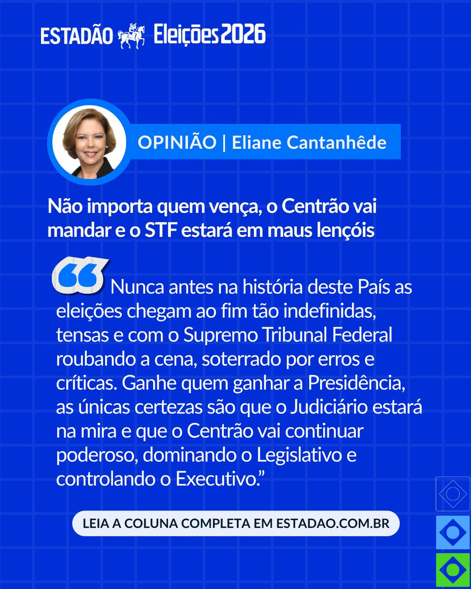 Estadao's tweet photo. OPINIÃO | ELIANE CANTANHÊDE

"Não importa quem vença, o Centrão vai mandar e o STF estará em maus lençóis"; leia coluna > https://t.co/e5c3poxAV3 https://t.co/BIaEapbWOt