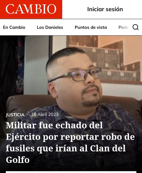 orlandorueda76's tweet photo. Militar echado del ejercito por denunciar robo de fusiles que iban para el Clan del Golfo https://t.co/hI5UkFD6Ff