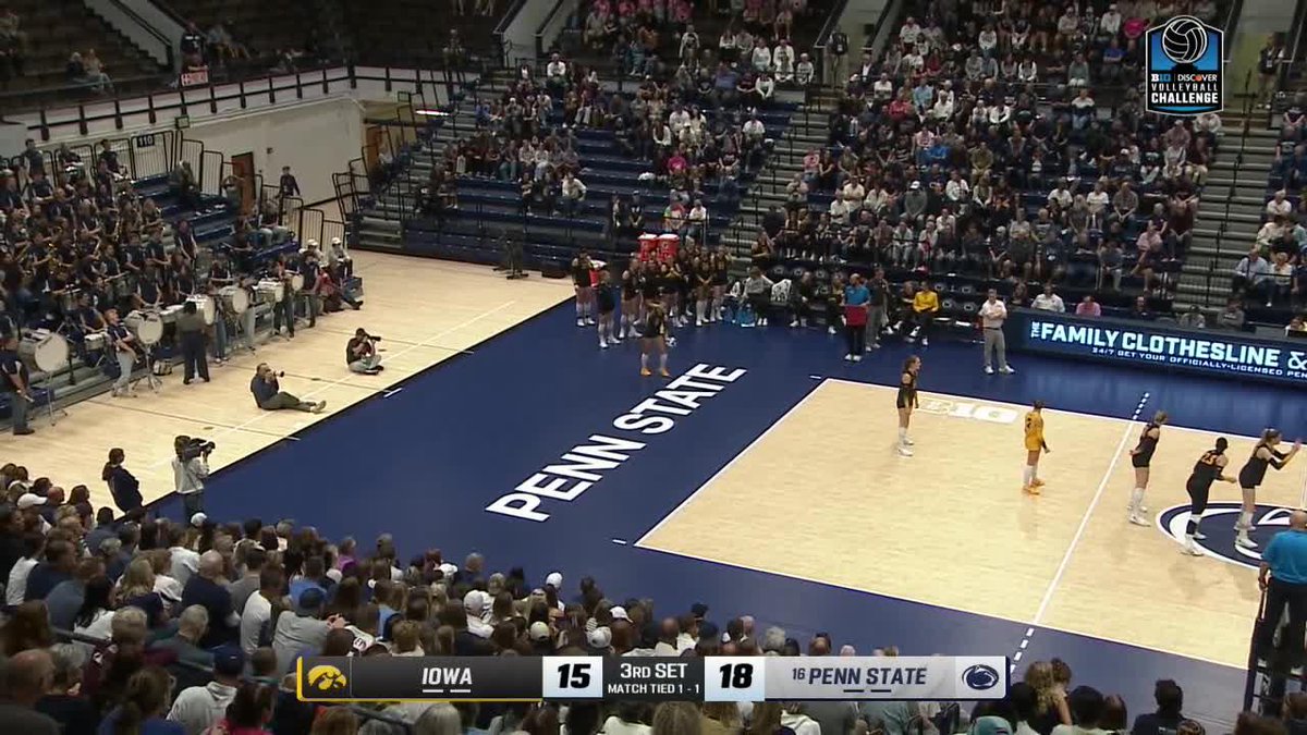 A Big Ten Volleyball match broadcast shows #19 Iowa (15) vs #16 Penn State (18) during the 3rd set at the Discover Big Ten Challenge.