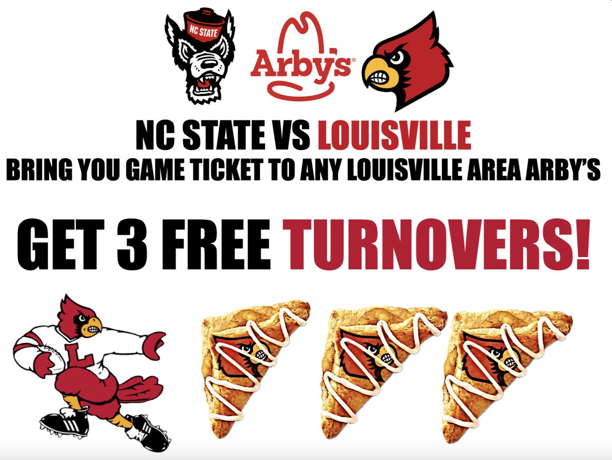 NTentsTweets's tweet photo. #GoCards #Louisville vs #NCState bring your game ticket to any #Arbys and get 3 #Turnovers!
#Brohm's killing us! #UofL is not good! #SeasonOVER #L1C4 #Wolfpack https://t.co/uK7vVVtD03