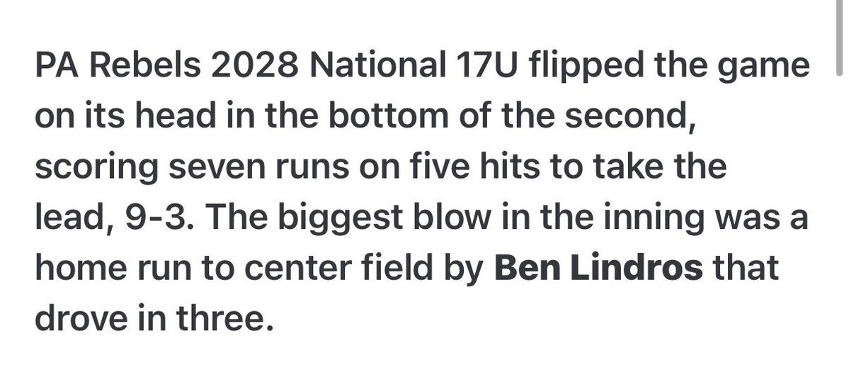 benlindros2028's tweet photo. 3 run 2 strike Homerun today in game 2! Unfortunately no video. Video of a play at 2nd base from game 1! @PARebelsRecruit @parebels @power5bullpen https://t.co/PfOwbMhTTH