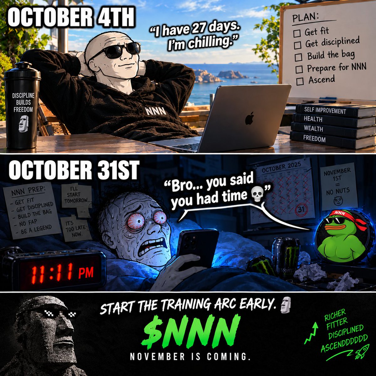 NNNonchain's tweet photo. bro really thought he had time💀

$NNN🗿
November is coming.
Ascenddddd🚀🚀🚀

Launching 5th Oct https://t.co/fyWTxIEfpl