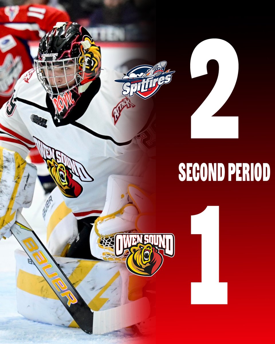 AttackOHL's tweet photo. Papi's Eatery & Lounge Intermission Update:
McLaughlin scored for the Spitfires, Royston responded for the Attack. Windsor leads the Shot of Goal board 29-14.
#AlwaysAttack | #BearWitness https://t.co/no8cilHQLv