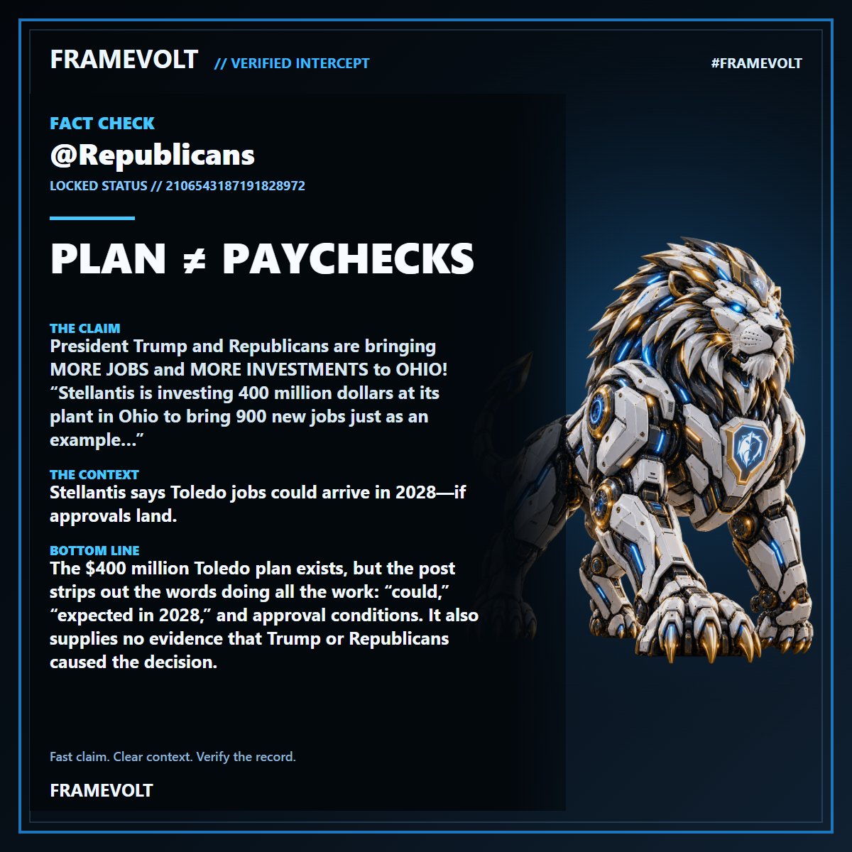 EdwardCScohay1's tweet photo. @Republicans ⚡ FRAMEVOLT FACT CHECK: PLAN ≠ PAYCHECKS. Stellantis says Toledo jobs could arrive in 2028—if approvals land. #FRAMEVOLT https://t.co/zcUBQaowl7