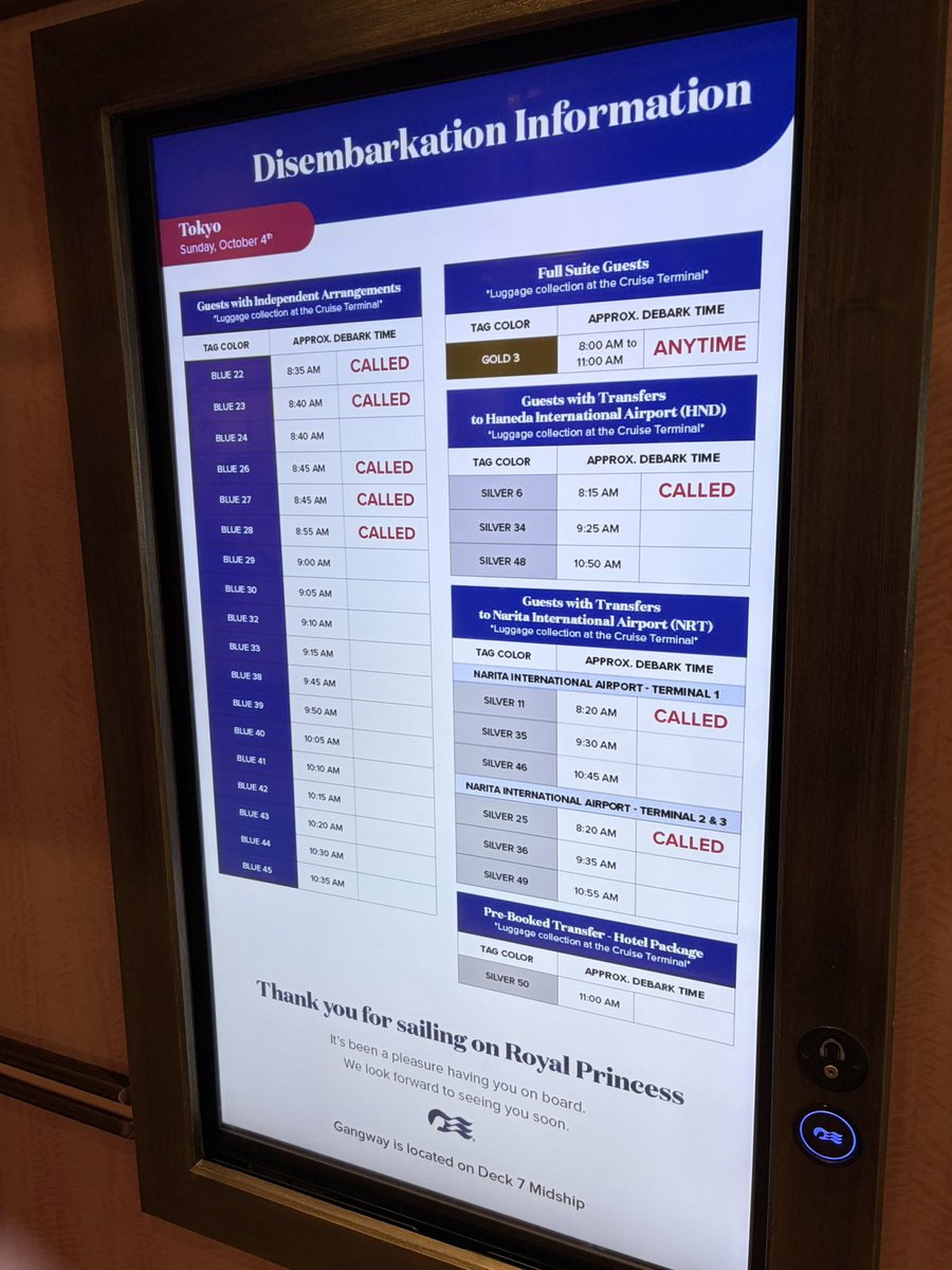 tanstaafl44's tweet photo. どのタグ番号が下船できるかモニタに表示されてるの初めて見たー
#RoyalPrincess
#R1640 https://t.co/FuFcE3lLLK
