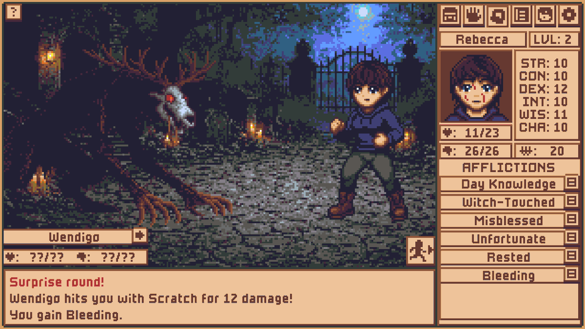 CompromiseDev's tweet photo. Well, isn't this just the perfect situation to try the new "Run Away" button! 🤣

#gamedev #indiedev #pixelart #ドット絵 #screenshotsaturday https://t.co/q1LsKPItPD