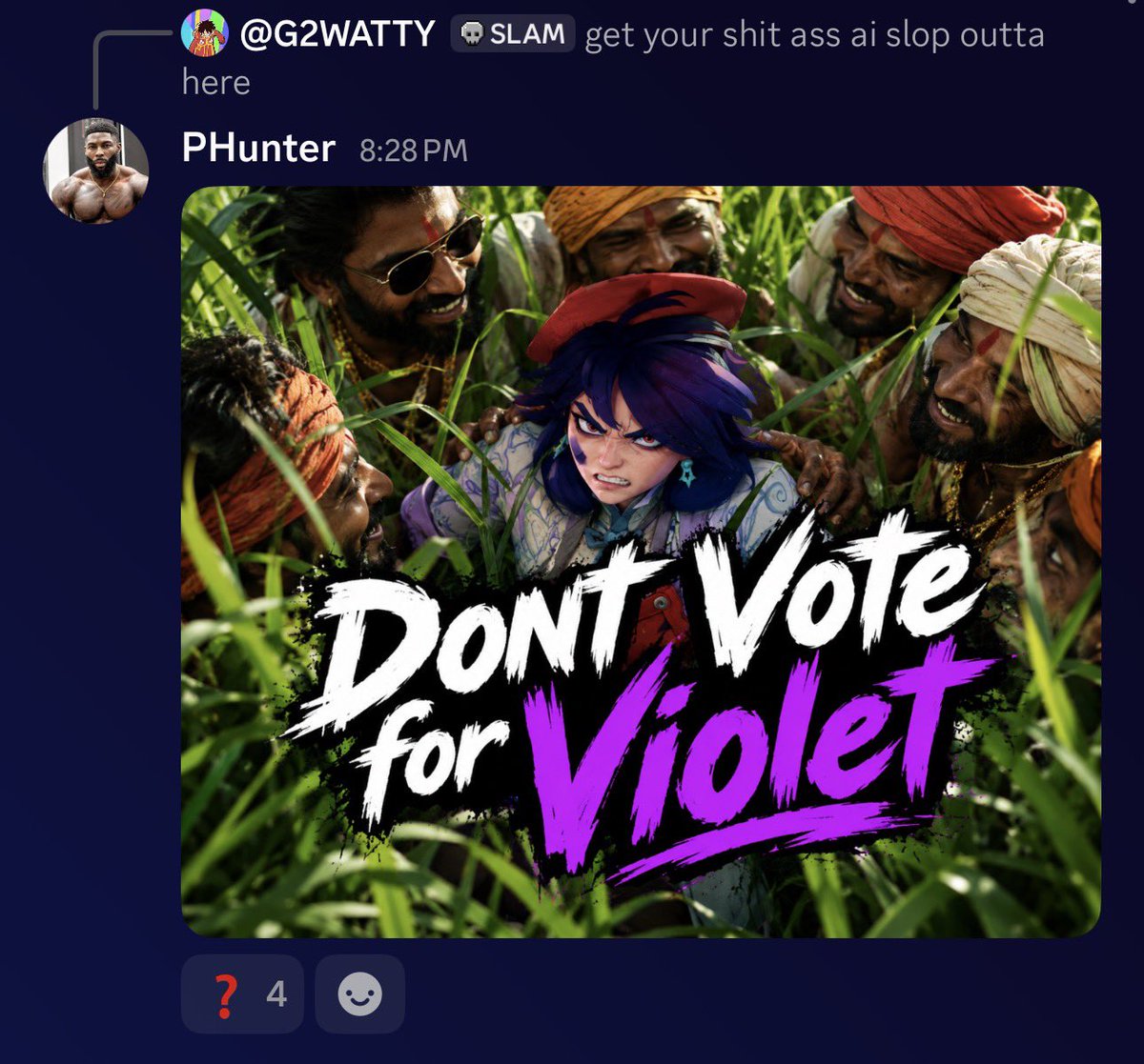 PrinzDL's tweet photo. I might start voting violet just to spite these “people” in the discord https://t.co/nQ6EAxU5S3
