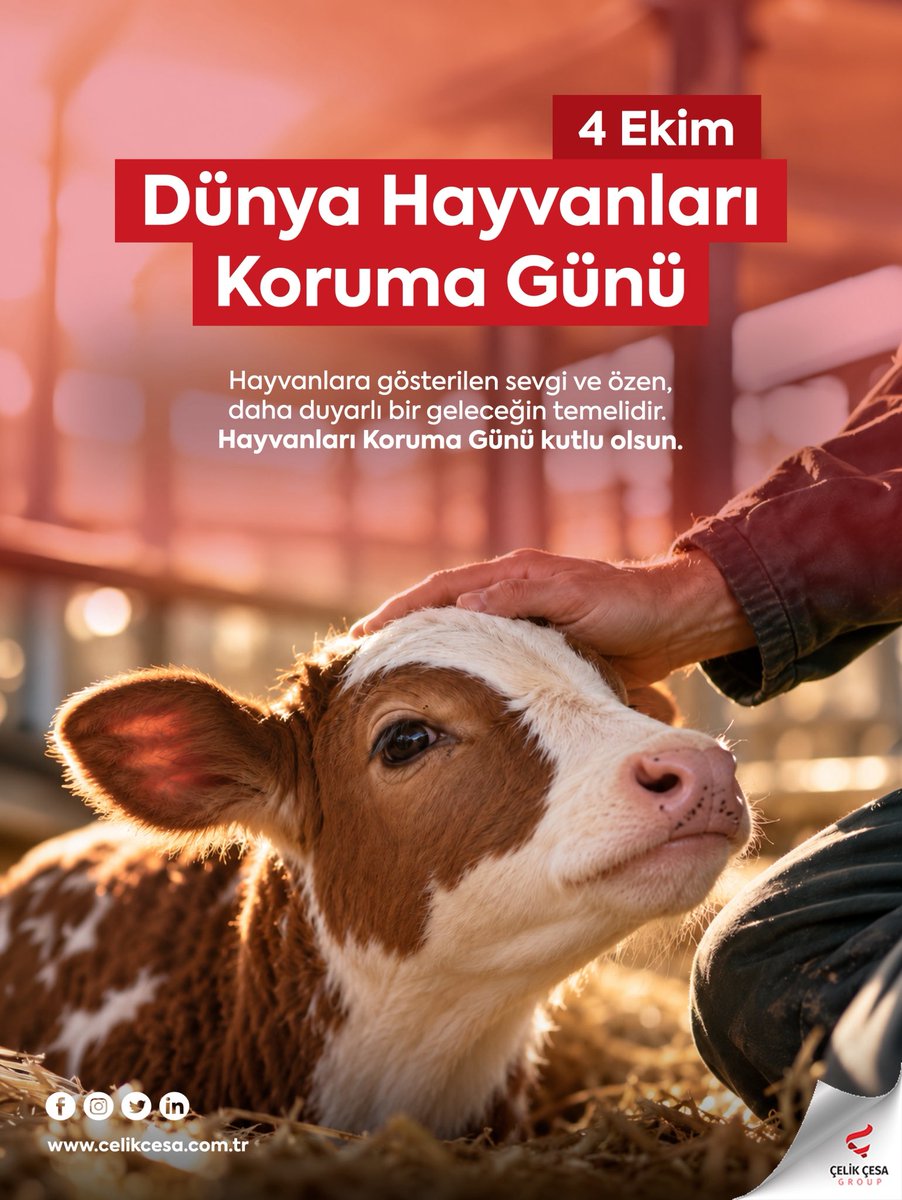 celikcesagroup's tweet photo. 4 Ekim Dünya Hayvanları Koruma Günü kutlu olsun! 🐮❤��

Hayvanlara göstereceğimiz sevgi ve özen, sadece onların hayatını değil, bizim de geleceğimizi güzelleştirir. Daha duyarlı bir dünya için onların sesi olalım.

#DünyaHayvanlarıKorumaGünü #HayvanlarıKoru #HayvanSevgisi #4Ekim https://t.co/oyr523MpxZ