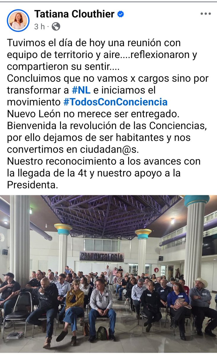 Monicao2712's tweet photo. 🚨EXTRA,  EXTRA.. @tatclouthier anunció el lanzamiento del movimiento "Todos con Conciencia", tras evaluar la situación política actual en Nuevo León y luego del nombramiento de @PartidoMorenaMx a @claraluzflores .

Esto con el objetivo de impulsar una transformación profunda en #NuevoLeón en lugar de obsesionarse con la obtención de puestos públicos, aunque destacó que el estado no merece ser entregado.

Y no empiecen con que; "es que  va a dividir el voto", eso reclamen a las necias de  @CitlaHM y @A_MontielR, que se sienten dueñas del movimiento. 

#ÚLTIMAHORA #NoticiasMéxico