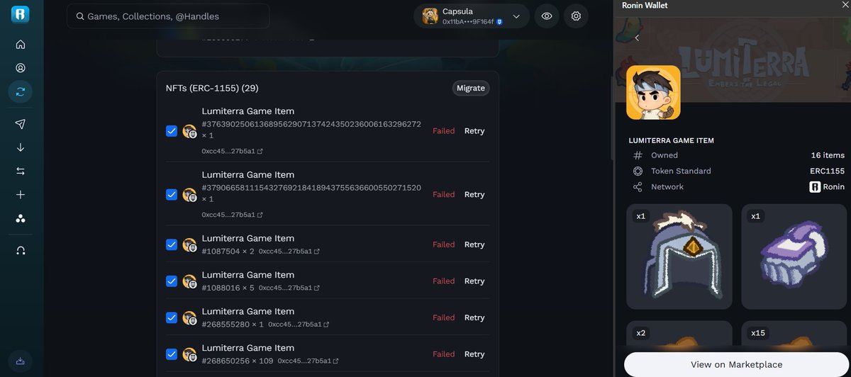 AzocarGabriel13's tweet photo. @Ronin_Network I can't send any Lumiterra NFTs (or others) from my Waipoint wallet to another one; I’ve tried countless ways (and yes, I have gas), but the transaction keeps failing. I’ve already contacted support, but they aren't responding. https://t.co/1DKG37fhRH