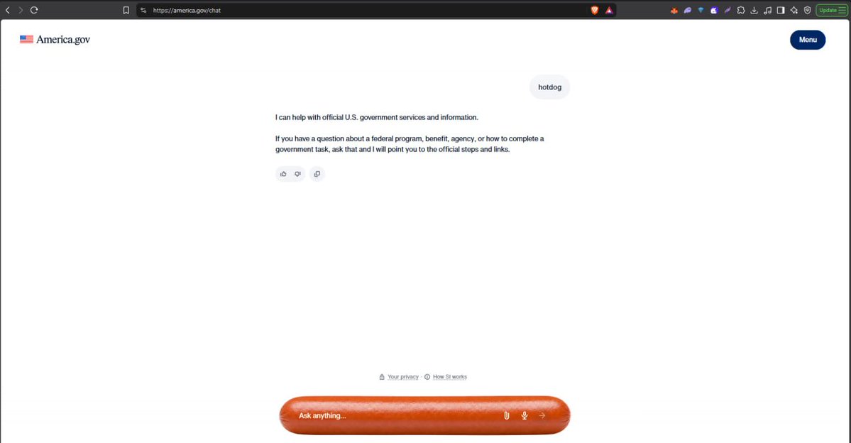 JadenOnChain's tweet photo. When you search for “hotdog” in the search bar on https://t.co/BXlHdeeIms, an actual hotdog appears 🌭

A Giant Wiener Chatbot. https://t.co/P4Wn1aZzdI