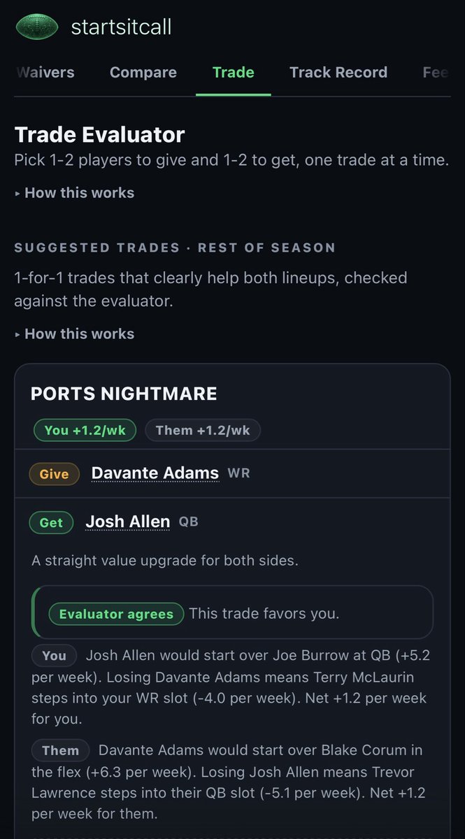 StartSitCall's tweet photo. Most trade tools tell you what a player is worth. 

Mine tells me which trades actually make my team better, and which ones the other manager would say yes to.

Built it myself. Faceless fantasy GM, one tab at a time.
#FantasyFootball https://t.co/6acApFcoi1
