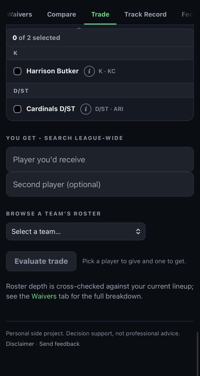 StartSitCall's tweet photo. Most trade tools tell you what a player is worth. 

Mine tells me which trades actually make my team better, and which ones the other manager would say yes to.

Built it myself. Faceless fantasy GM, one tab at a time.
#FantasyFootball https://t.co/6acApFcoi1