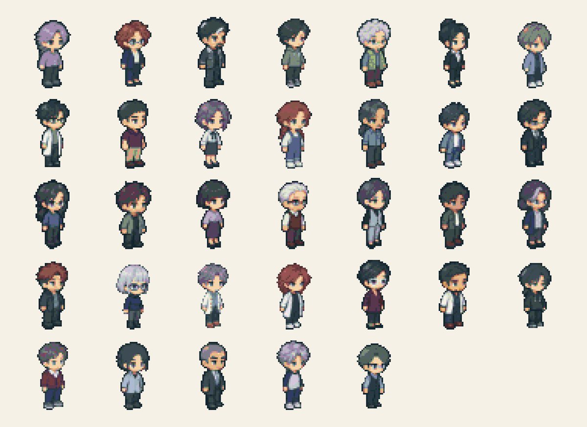 lablife_game's tweet photo. 【教授モード開発中】
研究室の仲間たちのドット絵を、33人ぶん描いています。院生、助教、教授、研究を支える職員さん。
教授モードは運営シミュレーションでドットキャラクターたちが研究するのを見ながら研究室を拡大していくゲームの予定です🧪

サクセスモードの実キャラ像は他の投稿で1人ずつ紹介中です。

※登場するキャラクターは変わる可能性があります
