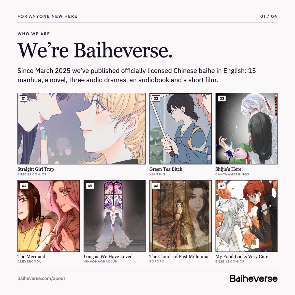 baiheverse's tweet photo. looking for a new place to read? hi 🤍  

we’re Baiheverse, a small team who fell hard for Chinese #GL in English.  

everything here is officially licensed, and what you spend goes back to the people who made it.  

more about us: https://t.co/iBooTLlKnX https://t.co/bL2iVuZVdU