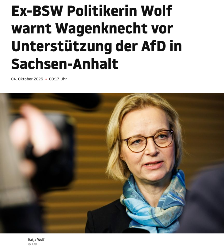 PeterBorbe's tweet photo. Katja Wolf ist eine machtbesessene Karrierepolitikerin. Sie ging zu Wagenknechts BSW, weil sie dort Erfolgschancen sah, und es klappte, sie wurde Thüringens Finanzministerin - in einer Koalition mit der CDU, als Schnelleinstieg ins Parteienkartell. Inzwischen ist sie aus dem BSW ausgetreten und hat eine ominöse Zwergpartei gegründet, sitzt aber immer noch auf Ticket des BSW in ihren Positionen.
Jetzt schwingt sie das große Wort gegen ihre alte Partei, weil die nicht an der Brandmauer festhält, mischt sich sogar in die Politik von Sachsen-Anhalt ein. Hoffentlich gibt es in Thüringen bald Neuwahlen, dann wird diese Person schnell weg vom Fenster sein.
https://t.co/W0ITyqXnFI