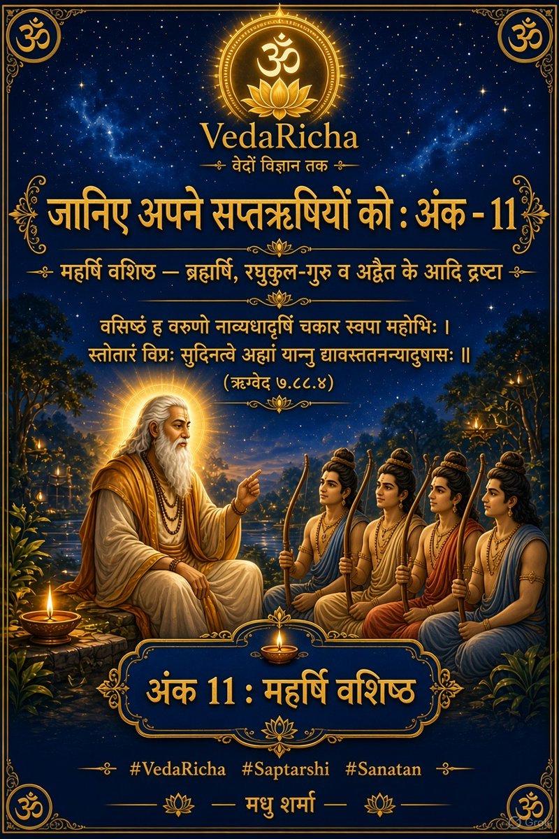 VedaRicha's tweet photo. 🧵1/6
सप्तऋषि :अंक-11
महर्षि वशिष्ठ—ब्रह्मर्षि, रघुकुल-गुरु,अद्वैत के आदि द्रष्टा

ब्रह्मा जी के मानस पुत्र, क्षमा और शांति के साक्षात् विग्रह तथा वर्तमान मन्वंतर के सप्तम मुख्य नियामक महर्षि वशिष्ठ का जीवन अध्यात्म, राजधर्म और योग-दर्शन का सर्वोच्च शिखर है।
#VedaRicha
#Saptarshi https://t.co/aek3hs7sSf