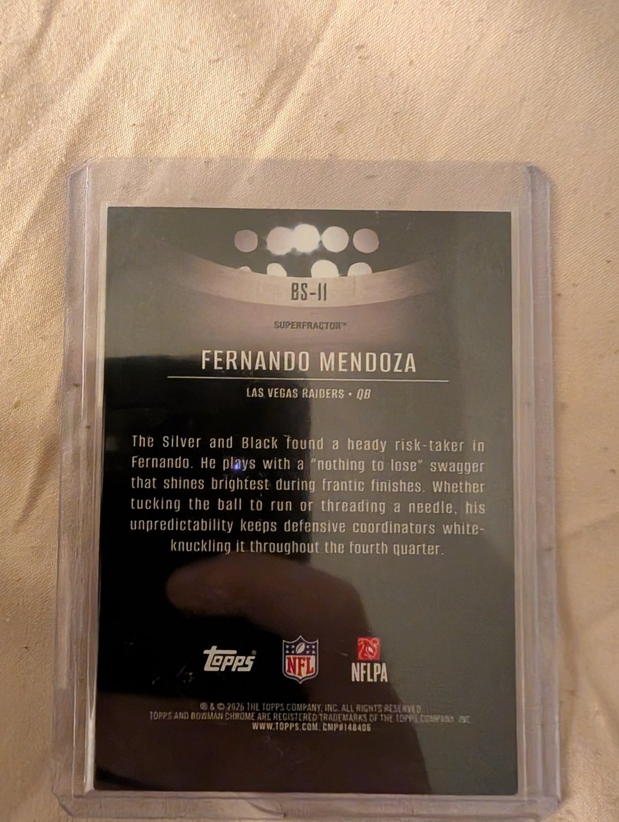 MrREDEYEz817's tweet photo. THE MONSTER HAS BEEN PULLED! 🚨 Just hit the 2026 Topps Bowman Football Fernando Mendoza Superfractor  1/1! Cal star &amp; Raiders #1 pick. Headed to @GoldinCo @KenGoldin for an Elite Auction! 💰🏈 #TheHobby #SportsCards #ToppsBowman #FernandoMendoza #Raiders #Superfractor https://t.co/qZD5dYkfkM