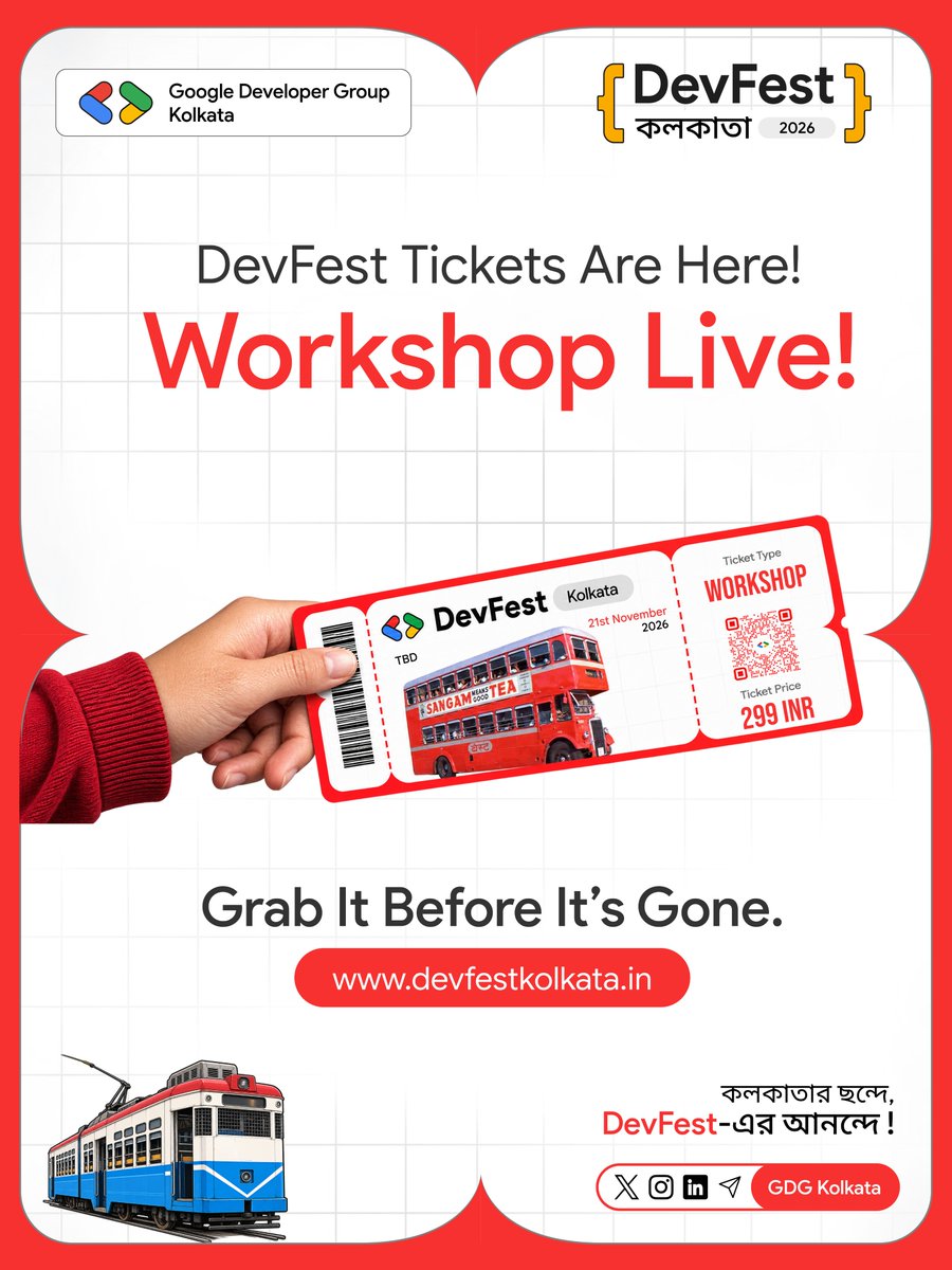 gdgkolkata's tweet photo. 🎟️ DevFest Kolkata 2026 Workshop Tickets Are LIVE! 🚀
🎫 Grab your workshop ticket now before they’re gone!
📅 21st November 2026
📍 TBD
🌐 https://t.co/2m2BSopL5z
Seats are limited — don’t miss out! 🚀
#DevFestKolkata #DevFest2026 #GDGKolkata #GoogleDevelopers #Workshop https://t.co/Uu0LeHqAZ8