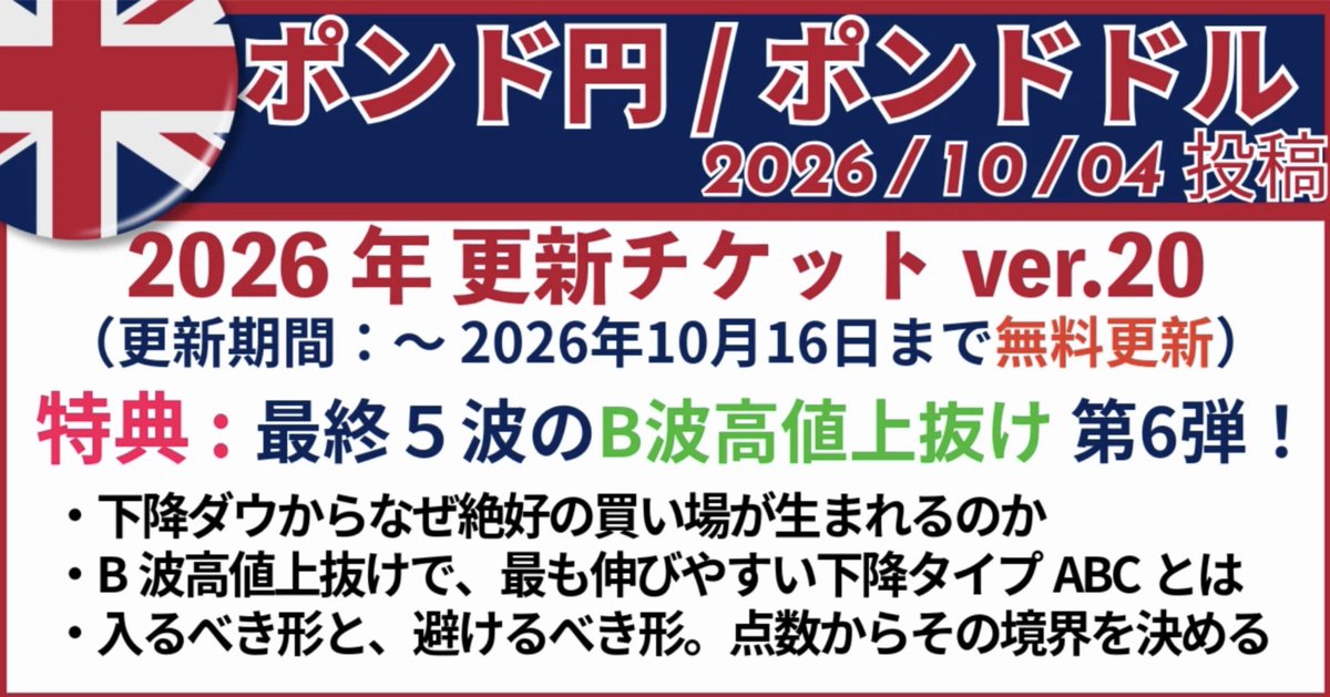 hadou_line's tweet photo. #ポンド円 #ポンドドル 2026年note

更新チケットver.20を投稿しました！
━━━━━━━━━━
【環境認識】９か月足〜1時間足
━━━━━━━━━━
９か月足確定！
全時間軸をフルボリュームで動画解説。
前回から「変わったこと・変わっていないこと」を事実ベースで定点観測し、
シナリオを更新すべき分岐点をチャート内に明示します。
無料更新は10月16日（金）まで。

━━━━━━━━━━
【ご購読者特典】
━━━━━━━━━━
最終5波のB波高値上抜け 完全解説【第6弾】
下降タイプABC編【第3部】
・点数評価で下降タイプABCを判断
・不利な形でも生まれる、絶好の買い場
・最悪のパターンとの境界を見極める
━━━━━━━━━━
波形分析のHow to動画も収録。
感覚で捉えていた波形が、視覚的に整理できる第一歩に。
━━━━━━━━━━
10月11日（日）には1週間の振り返りと
10月12日（月）からの戦略を、文章と動画で解説します。
▼ 最新チケットはこちら
https://t.co/80zDqX1QGv