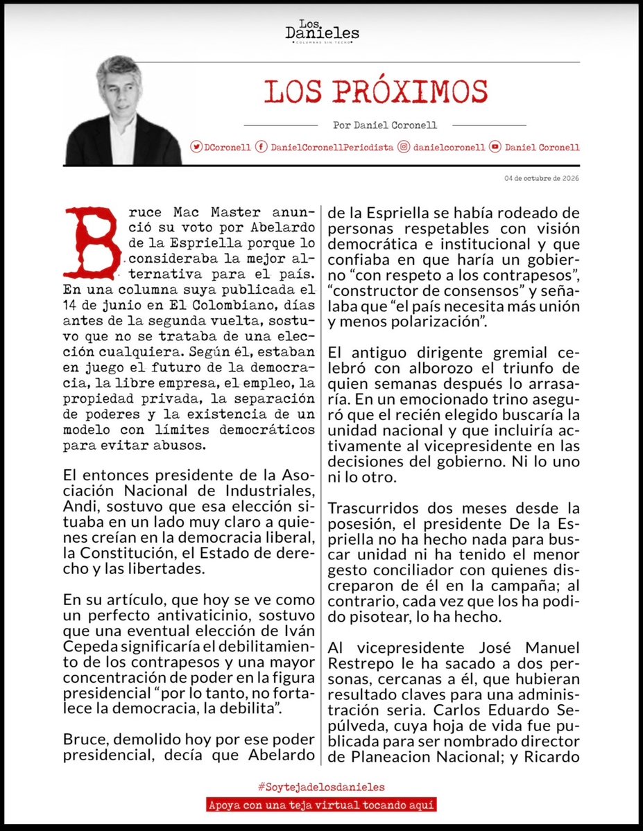 cesarusa5's tweet photo. #LosPróximos por @DCoronell Hoy son el presidente de la Andi, dos periodistas de Blu, uno de RCN, pero ya vendrá el tigre por otros. La imposición de los caprichos y los odios del mandatario seguirá, por la razón o por la fuerza. #LosDanieles @losdanieles https://t.co/vbIp1xu3iT
