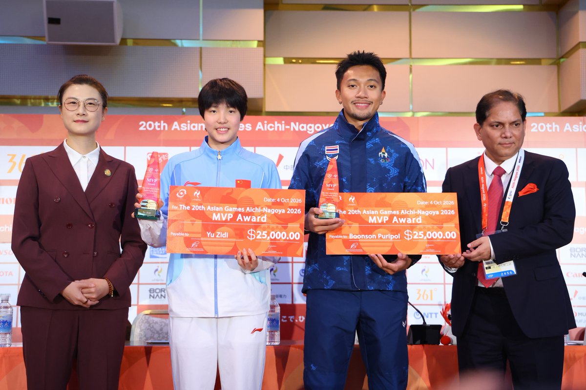 AsianGames_2026's tweet photo. 第20回アジア競技大会のMVPは、陸上競技のBOONSON Puripol選手と競泳のYU Zidi選手に決定！🏆✨

🏆 男子MVP：BOONSON Puripol選手（タイ）
└ 【男子100m金メダル🥇(大会新) / 男子200m金メダル🥇(アジア新タイ)】

🏆 女子MVP：YU Zidi選手（中華人民共和国）
└ 【女子200mバタフライ金メダル🥇(大会新) / 女子200m個人メドレー金メダル🥇(アジア新) /  女子400m個人メドレー金メダル🥇(大会新)】

大会を熱狂の渦に巻き込んだお二人、本当におめでとうございます！👏🔥

#アジア競技大会 #愛知名古屋2026