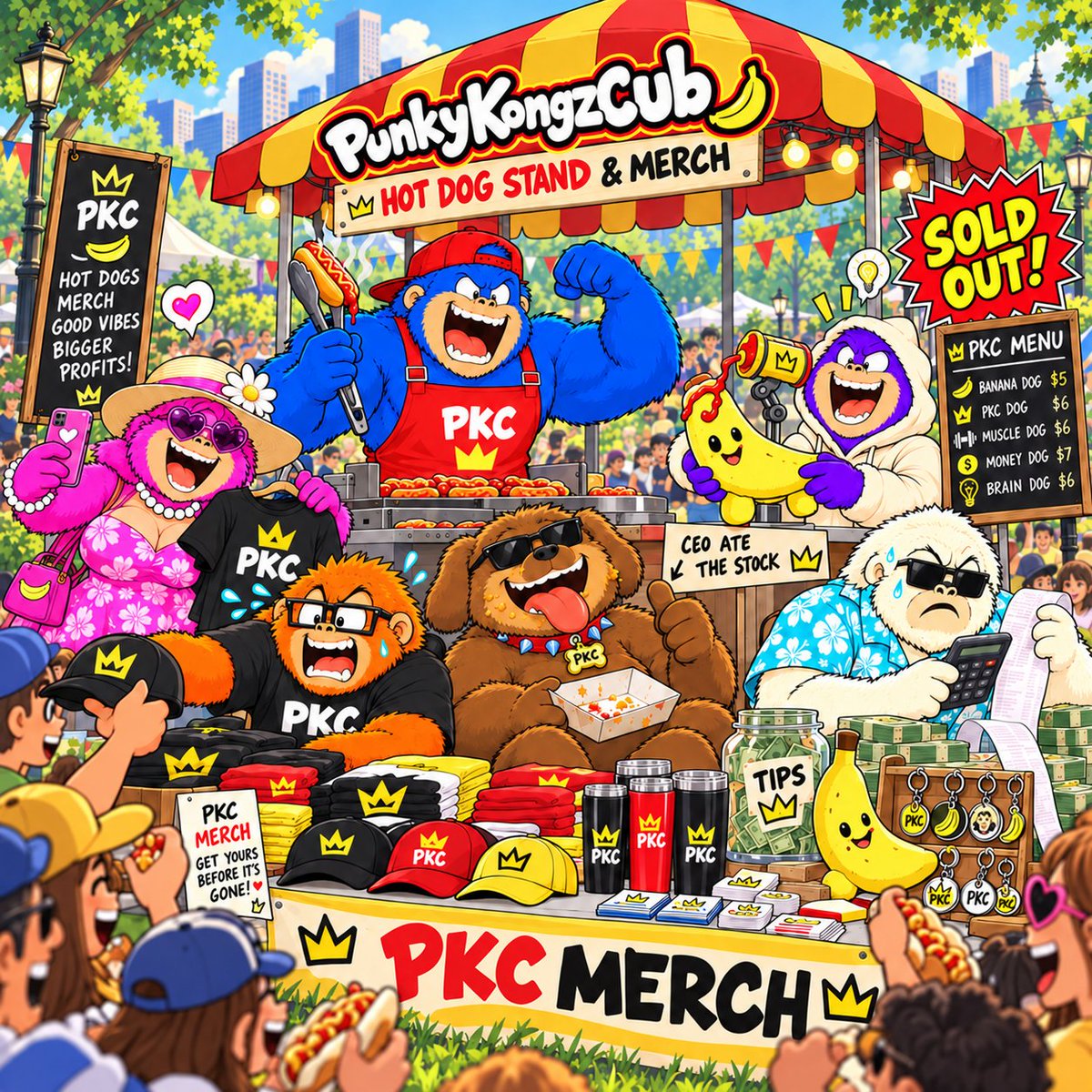 PKC_100's tweet photo. Hot dogs sold out. Time for merch. 👕🧢
Pink models, Muscle moves stock, Brain launches gadgets, Money Guy counts profit.
CEO keeps selling snacks. 🐶🌭
$PKC — somehow, we became a brand.
#pkc #punkykongzclub #punkvism #Solana #Meme #Memecoin #Memes https://t.co/ncRWMNQwzv