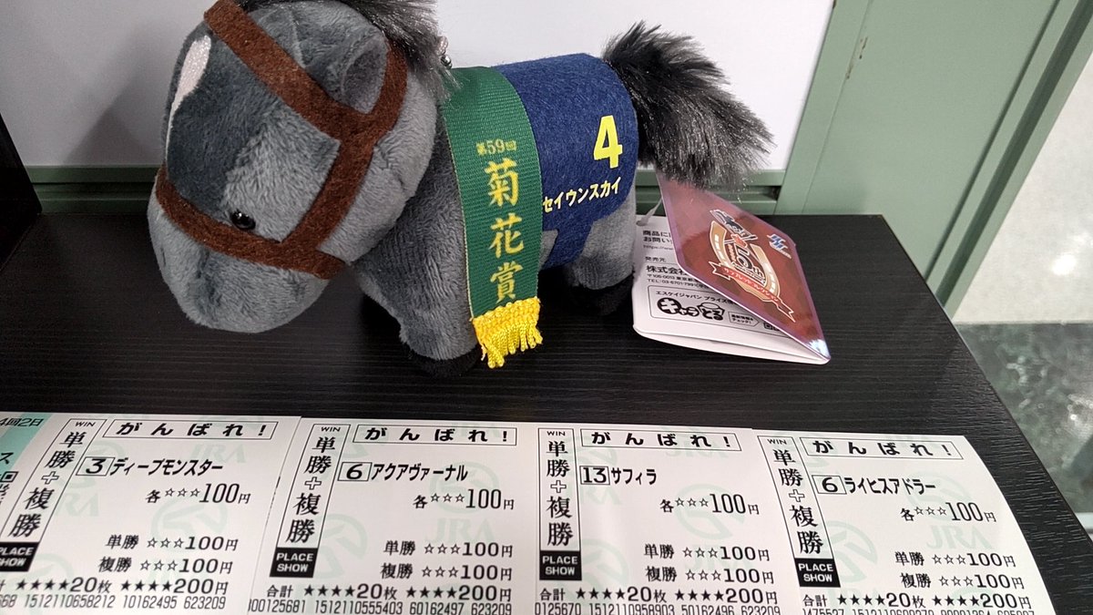 shunkachan's tweet photo. あの伝説の毎日王冠と京都大賞典からもう28年も経つのかぁ、、
今日も推し馬のがんばれ馬券を買ってきました、そしてお供はあの京都大賞典を逃げ切ったセイウンスカイのぬいだよ🐴

個人的にセイウンスカイといえば菊花賞より京都大賞典のあの勝ち方の衝撃がすごかったなぁ https://t.co/0ccnmMHXL0