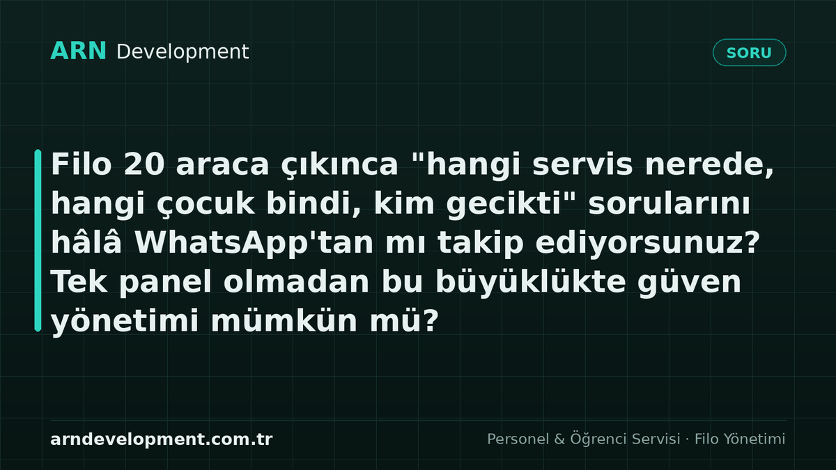 arndevelopment's tweet photo. Filo 20 araca çıkınca "hangi servis nerede, hangi çocuk bindi, kim gecikti" sorularını hâlâ WhatsApp'tan mı takip ediyorsunuz? Tek panel olmadan bu büyüklükte güven yönetimi mümkün mü? #filoyönetimi #okulservisi https://t.co/8Oe9OeSHCg