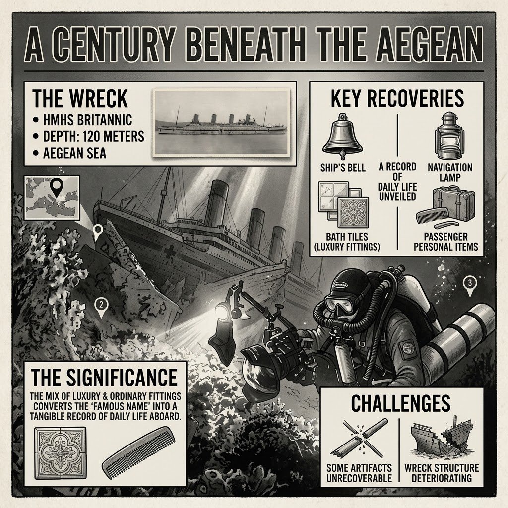 DARKCOMX's tweet photo. Divers recovered the Britannic’s bell, navigation lamp, bath tiles and personal items from 120 meters below the Aegean, more than a century after the ship sank in World War I.

The mix of luxury fittings and ordinary passenger objects turns the wreck from a famous name into a record of daily life aboard a ship lost in minutes. Some artifacts could not be recovered because the wreck is deteriorating.

A Century Beneath the Aegean