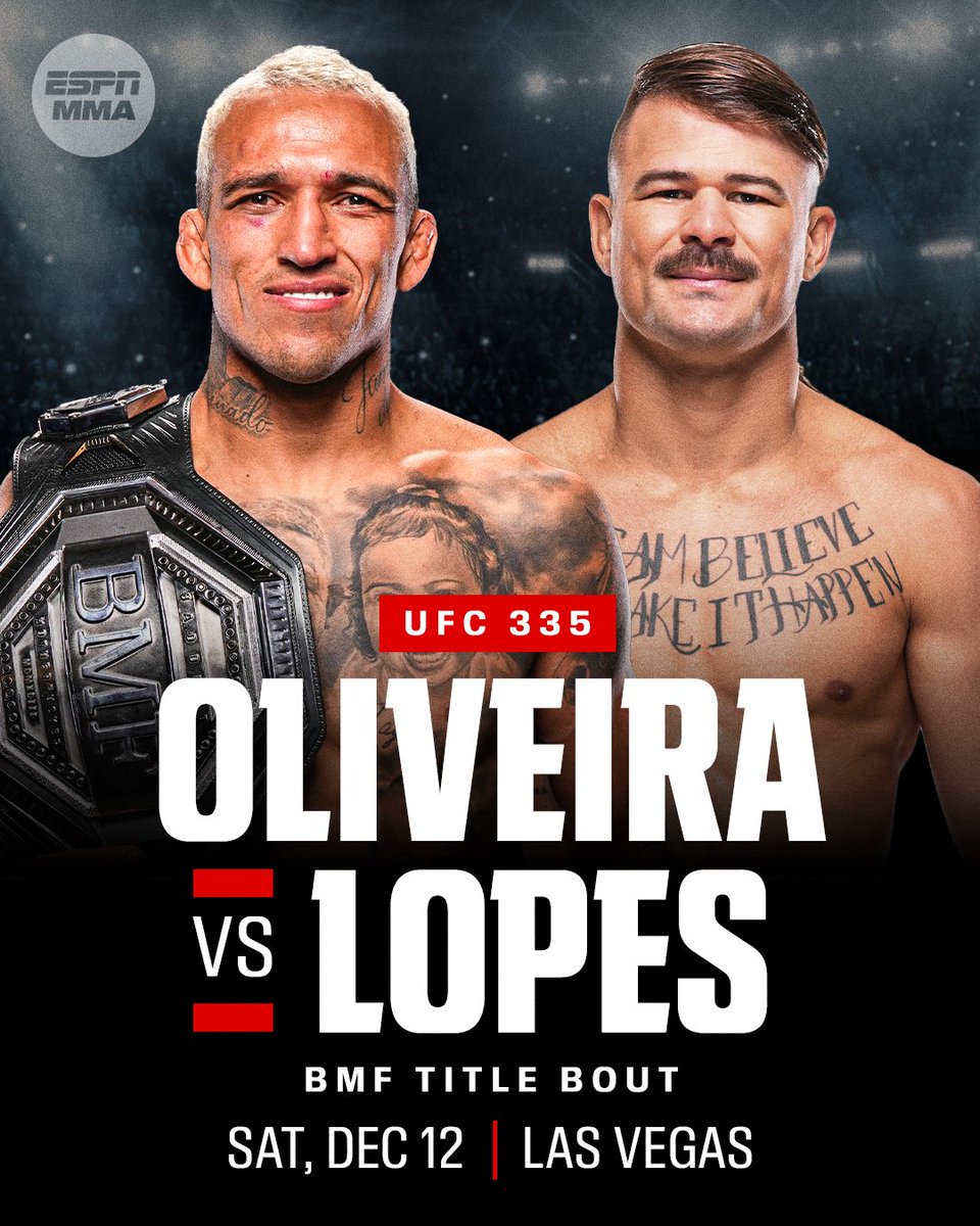 espnmma's tweet photo. Charles Oliveira will defend his BMF title against Diego Lopes in the main event at #UFC335 in Las Vegas, UFC announced on Saturday. https://t.co/8gCnZeCGST