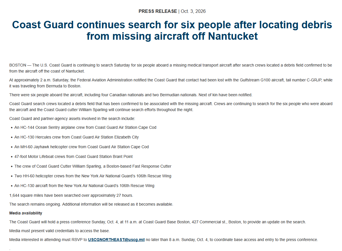 lookner's tweet photo. Coast Guard announces it has located debris from the missing medical transport aircraft off the coast of Nantucket https://t.co/LYg9t0Fw1Z