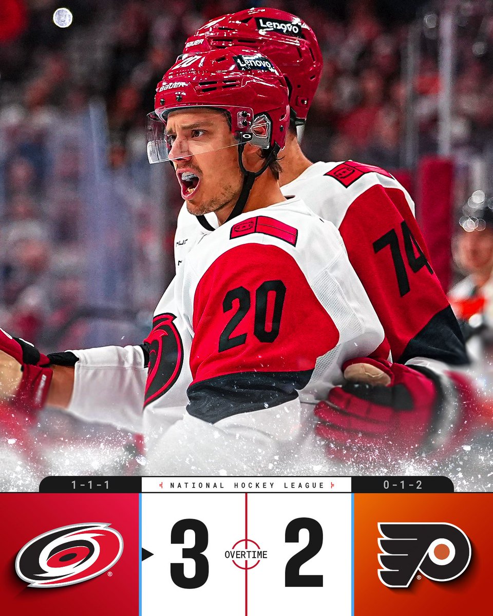 NHL's tweet photo. THE CANES SECURE THE WIN IN OT! 🌪️ https://t.co/hBIWPspve7
