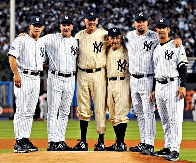 Jimfrombaseball's tweet photo. "It's never happened in World Series competition....
And it still hasn't."
Yogi Berra.
Three batteries from three Yankee perfect games.
Joe Girardi  &amp; David Cone (July 18, 1999).
Don Larsen &amp; Yogi Berra (October  8, 1956).
David Wells &amp; Jorge Posada (May 17, 1998). https://t.co/M5oih6Sg0n