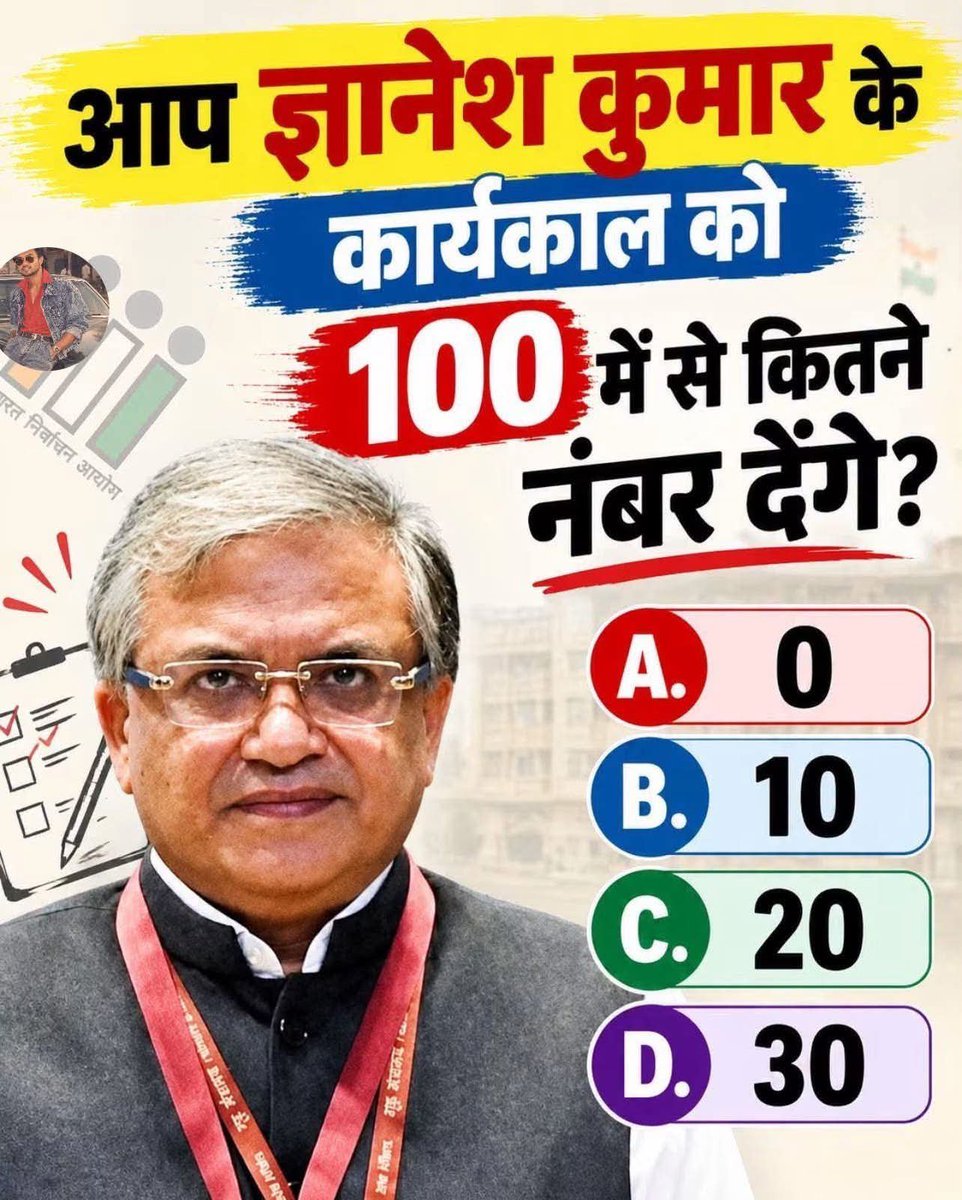 MathurSunn69674's tweet photo. ज्ञानेश कुमार के काम को आप 100 में से कितने नंबर देंगे? 
A. 0 
B. 10 
C. 20 
D. 30
#RahulGandhi #ChhatronKiGoonj  
#NarendraModi #JantarMantar #CJP  
#AbhijitDipke #GyaneshKumar #BJP https://t.co/uXeQJCfefK