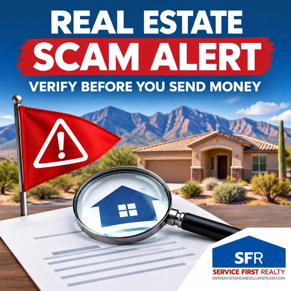 scarface643's tweet photo. Real estate scam red flags: rushed wire requests, prices far below market, and refusal to verify ownership. Pause and confirm independently before sending money. 🚩 #CochiseCounty #FortHuachuca https://t.co/aDZ7oHwTZD