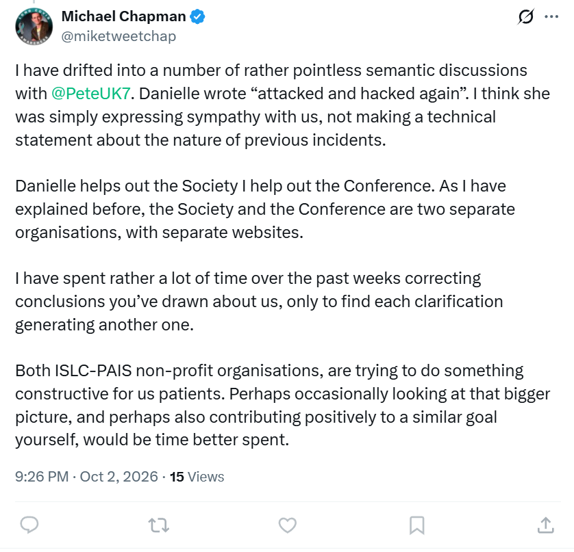 PeteUK7's tweet photo. I even proved what they said previously about being hacked was false.
They admit they were never hacked in the past...but the posts remain.
Apparently - I am guilty of 'semantics' and 'pointless discussions'.
The fact is, they generated a lot of sympathy for what was untrue.
And this dude does all this while he has me blocked - gutless bullshitter: