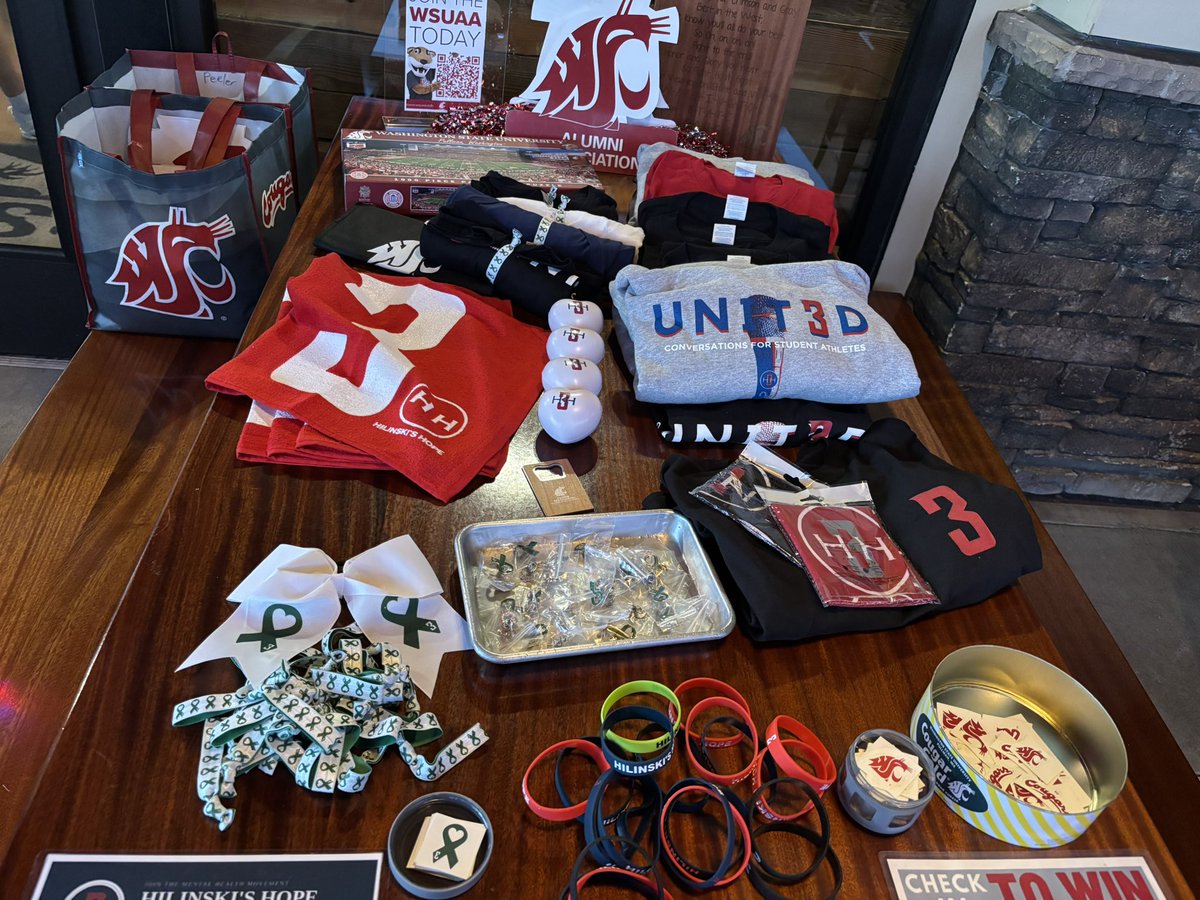 BrendenPotts's tweet photo. At the Ridgefield Taps for the WSU watch party, and we are celebrating Student Athlete Mental Health Awareness Week! Courtesy of @HilinskisHope, we have a TABLE FULL of goodies to give away or win in a raffle! #SAMHAW https://t.co/ttz05NgZsI