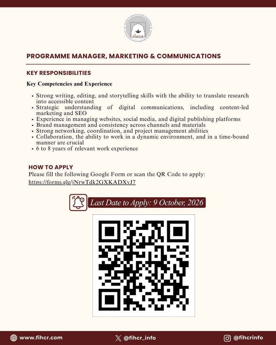 fihcr_info's tweet photo. 📢 We’re hiring!

FIHCR is looking for a Programme Manager, Marketing & Communications to lead our communication strategy, media engagement, and brand positioning.

If you enjoy shaping narratives, building media relationships, curating impactful events, and translating scholarship into compelling stories, this role is for you.

👉 Apply now via the link or scan the QR code: https://t.co/uqPuRgAOO4 

@vikramsampath