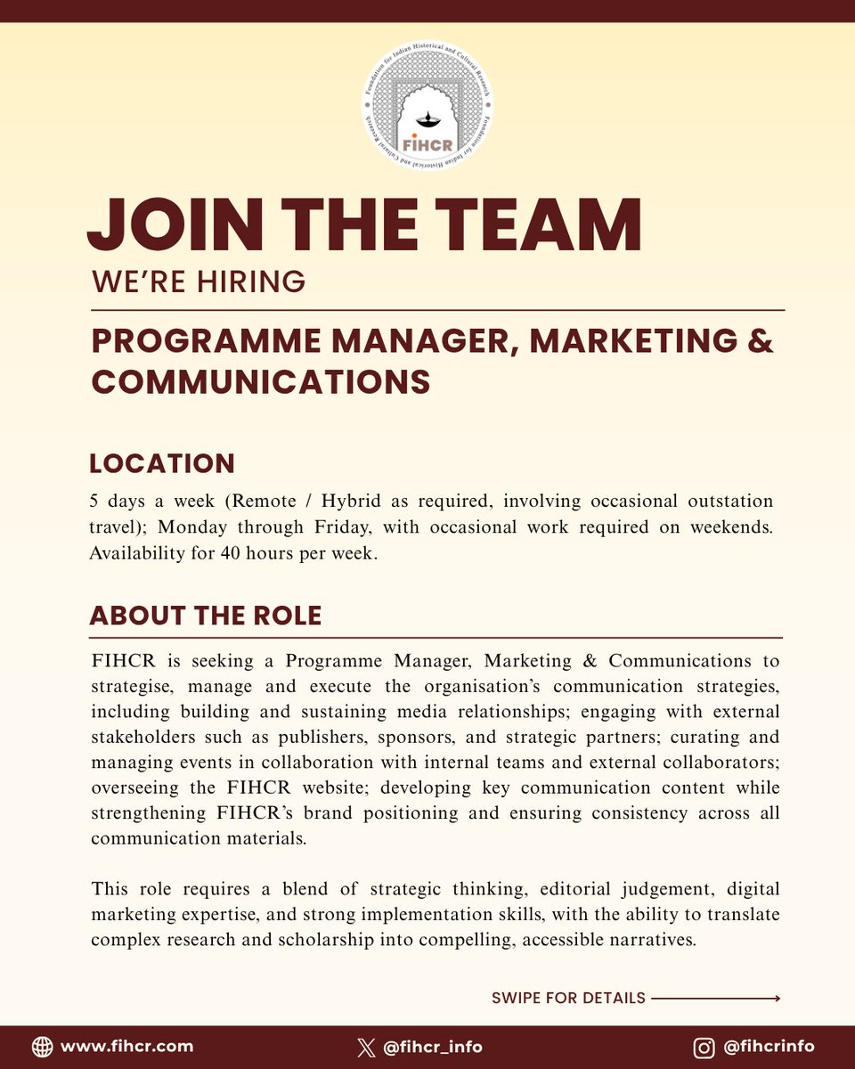 fihcr_info's tweet photo. 📢 We’re hiring!

FIHCR is looking for a Programme Manager, Marketing & Communications to lead our communication strategy, media engagement, and brand positioning.

If you enjoy shaping narratives, building media relationships, curating impactful events, and translating scholarship into compelling stories, this role is for you.

👉 Apply now via the link or scan the QR code: https://t.co/uqPuRgAOO4 

@vikramsampath