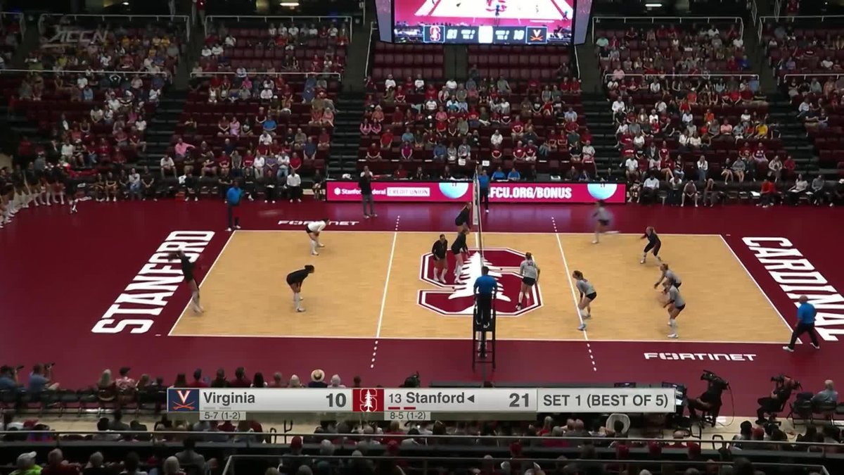 A volleyball match between Virginia (5-7) and Stanford (8-5), with Stanford winning Set 1 (Best of 5) with 21 to 10, played on a Stanford-branded court.