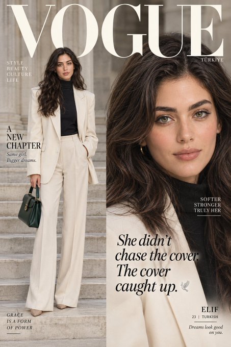 A Vogue Türkiye magazine cover featuring model Elif, with the headline 'A NEW CHAPTER' and text reading 'She didn't chase the cover. The cover caught up.'