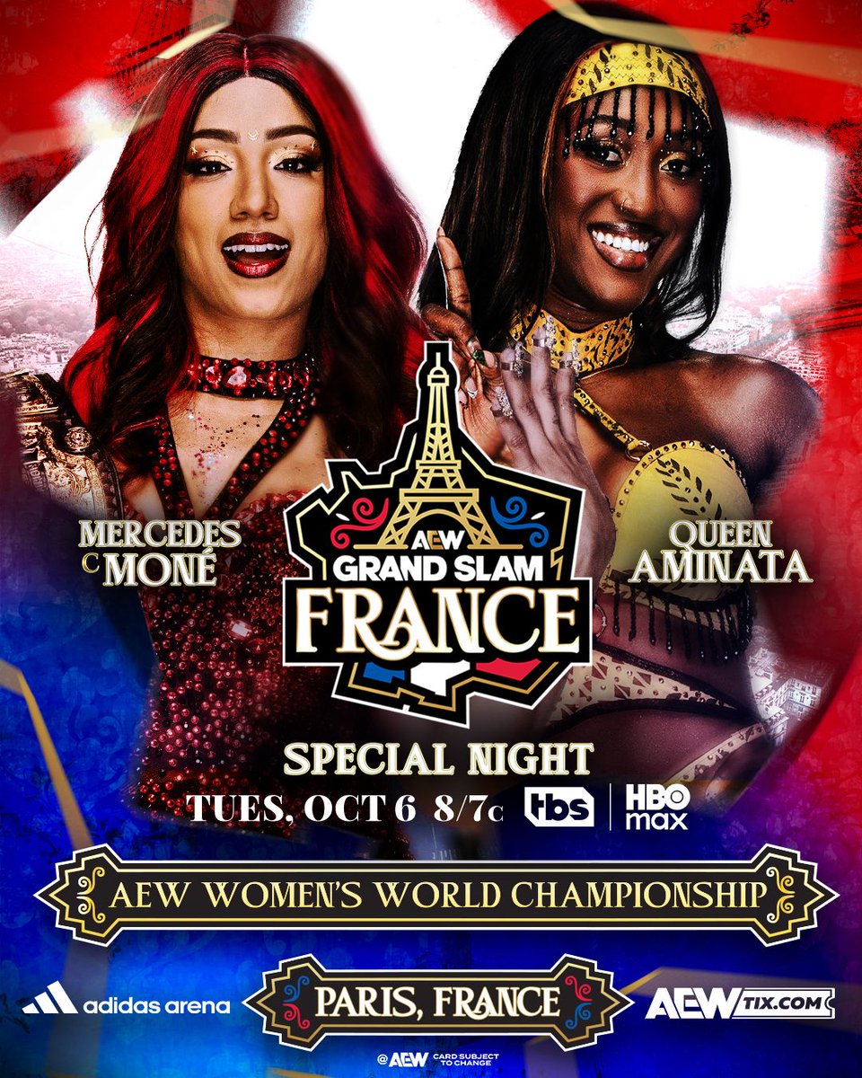 AEW's tweet photo. #AEWGrandSlam France, This Tuesday, 10/6!
AEW Women’s World Title: @MercedesVarnado vs @amisylle
Queen Aminata earned her 3rd straight singles win TONIGHT on Collision, and now she takes that momentum to France to fight Mercedes Moné for the Women’s World Title, This Tuesday! https://t.co/eaOaVvEKr7